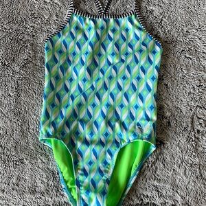 Girls Dolfin Uglies Teal & Green Geometric Pattern Swimsuit